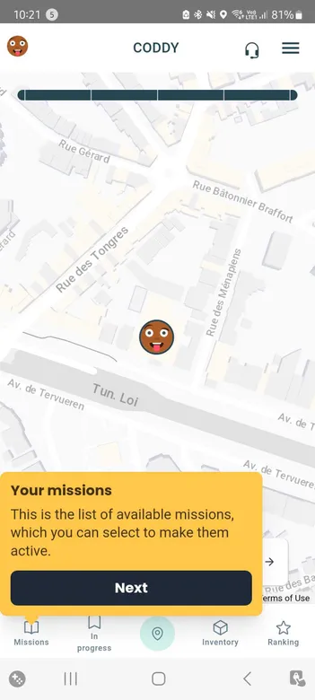 Carte du jeu Coddy et position du joueur dans la ville
