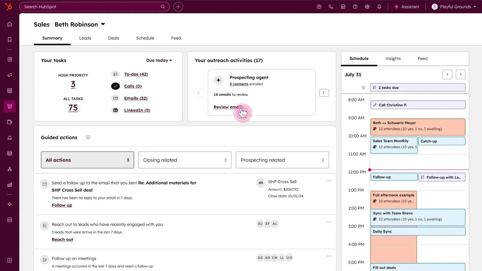 HubSpot : espace de prospection : tâches, actions commerciales et agenda