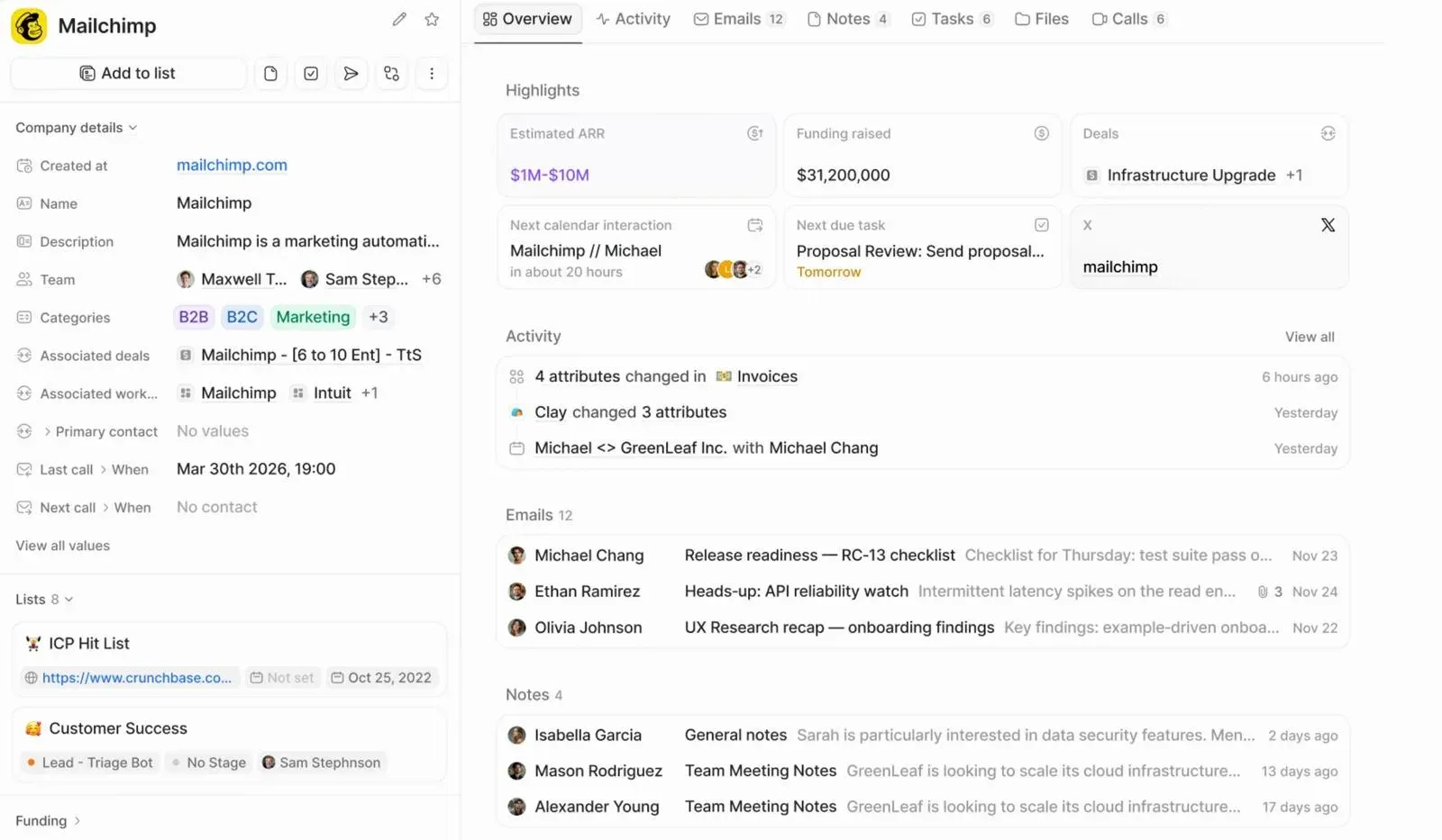 Attio : fiche entreprise : activités, emails, notes et tâches