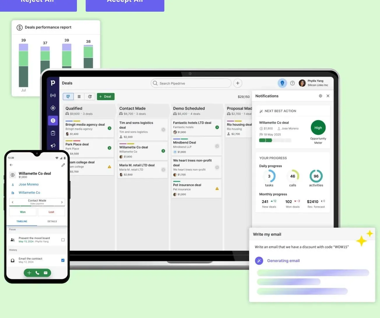 Pipedrive : aperçu du suivi commercial sur ordinateur et mobile