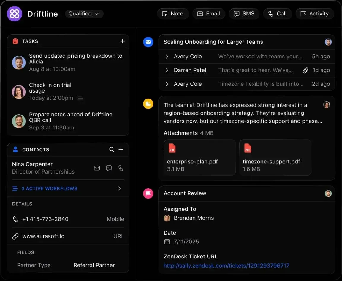 Close : fiche prospect et historique des activités