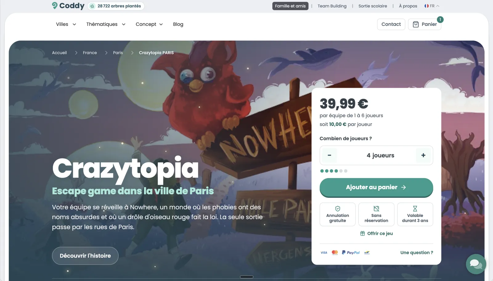The new page for the game Crazytopia in Paris, with the purchase box