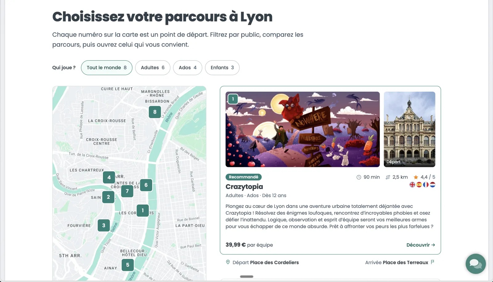 The new Lyon page, with the map of starting points and the audience filter